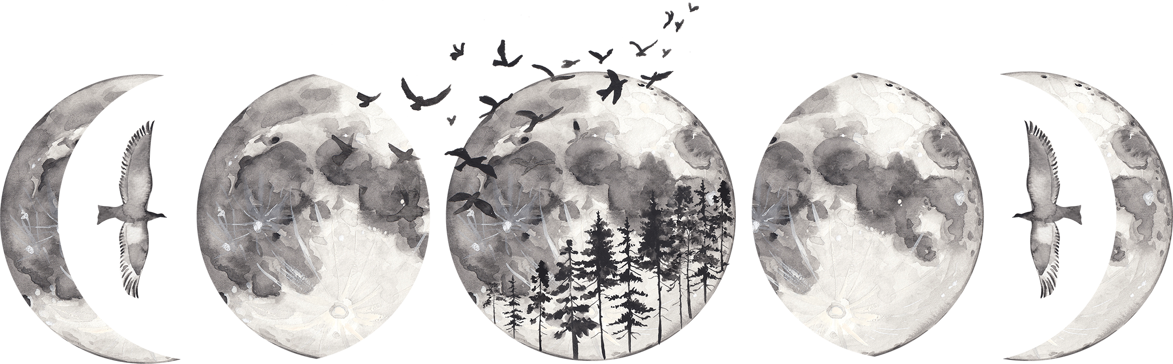 Forest moon phases watercolor composition